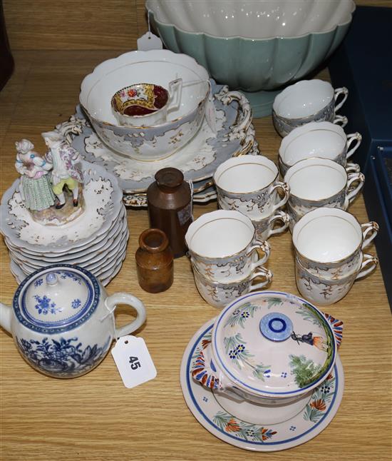 A Worcester rose spray teapot (associated cover), late Meissen figure group and a quantity of miscellaneous ceramics